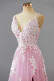 Pink Appliques Spaghetti Straps A-line Long Prom Party Dress with Slit Formal Evening Dresses