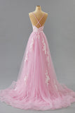 Pink Appliques Spaghetti Straps A-line Long Prom Party Dress with Slit Formal Evening Dresses