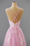 Pink Appliques Spaghetti Straps A-line Long Prom Party Dress with Slit Formal Evening Dresses