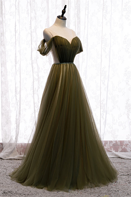Staubiges grünes schulterfreies, plissiertes Maxi-Abendkleid mit Perlenschärpe 