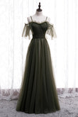 Dusty Green Off-the-Shoulder Straps Pleated Ruffle Maxi Formal Dress Bridesmaid Prom Evening Gowns