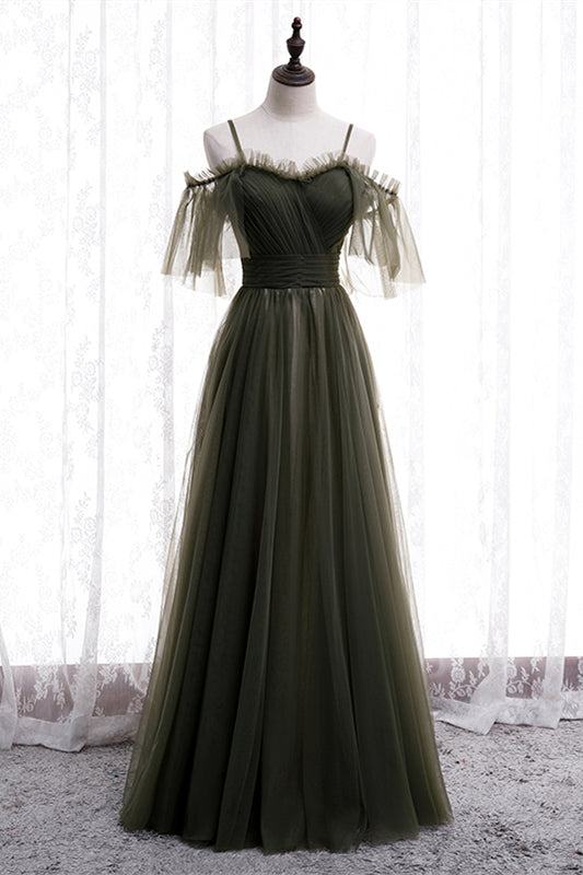 Dusty Green Off-the-Shoulder Straps Pleated Ruffle Maxi Formal Dress Bridesmaid Prom Evening Gowns