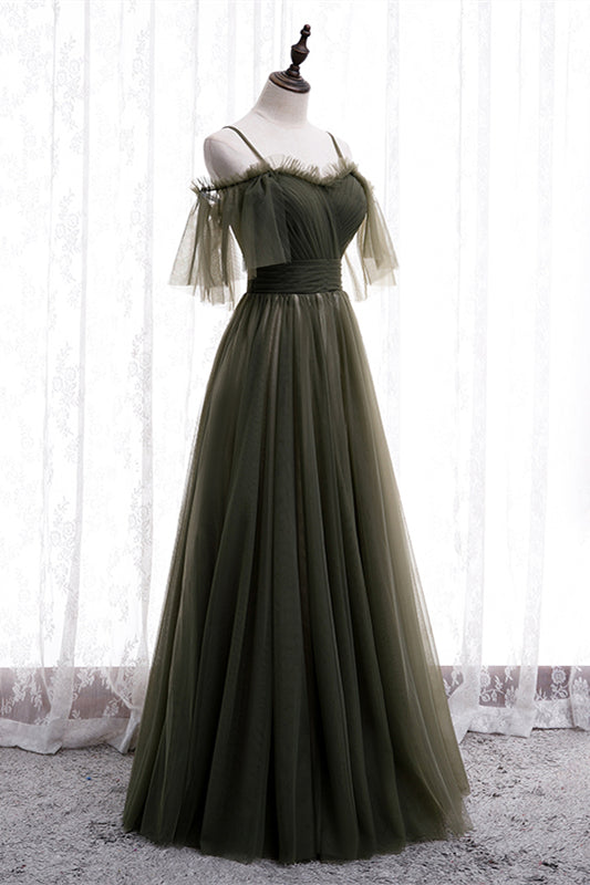Dusty Green Off-the-Shoulder Straps Pleated Ruffle Maxi Formal Dress Bridesmaid Prom Evening Gowns