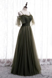 Dusty Green Off-the-Shoulder Straps Pleated Ruffle Maxi Formal Dress Bridesmaid Prom Evening Gowns