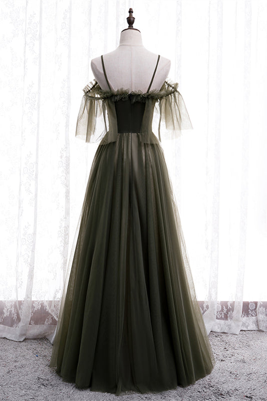 Dusty Green Off-the-Shoulder Straps Pleated Ruffle Maxi Formal Dress Bridesmaid Prom Evening Gowns