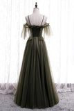 Dusty Green Off-the-Shoulder Straps Pleated Ruffle Maxi Formal Dress Bridesmaid Prom Evening Gowns