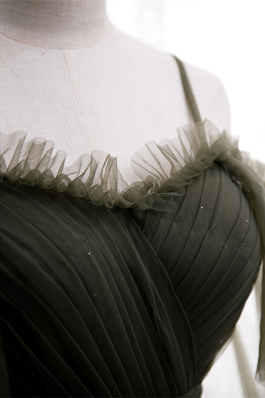 Dusty Green Off-the-Shoulder Straps Pleated Ruffle Maxi Formal Dress Bridesmaid Prom Evening Gowns