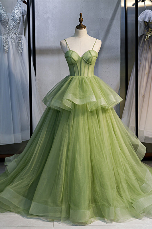 Hellgrünes A-Linien-Maxikleid mit Trägern und Rüschenlagen, formelles Abschlussballkleid 