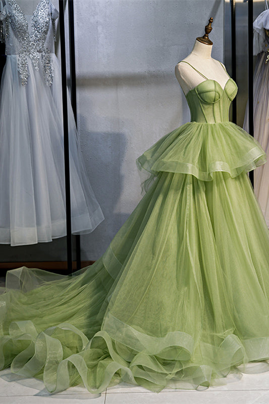 Hellgrünes A-Linien-Maxikleid mit Trägern und Rüschenlagen, formelles Abschlussballkleid 