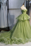 Hellgrünes A-Linien-Maxikleid mit Trägern und Rüschenlagen, formelles Abschlussballkleid 