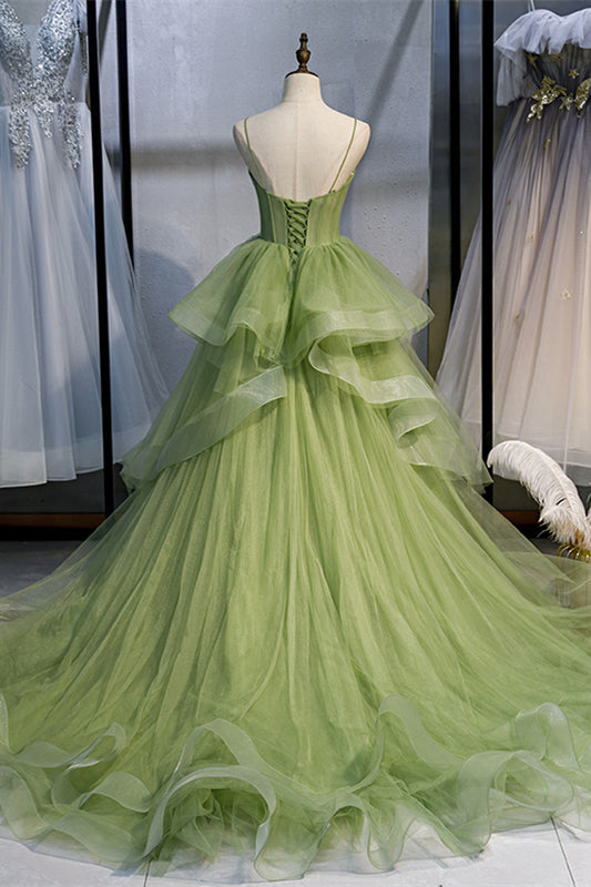 Hellgrünes A-Linien-Maxikleid mit Trägern und Rüschenlagen, formelles Abschlussballkleid 
