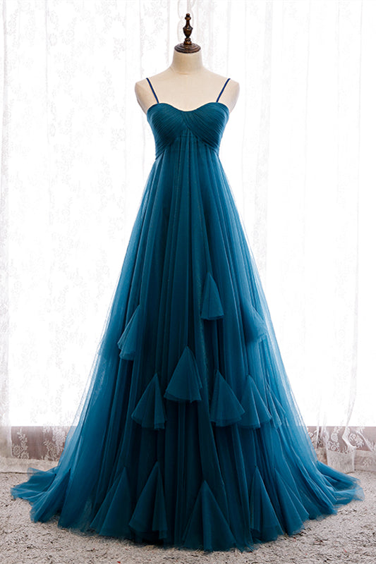 Blaue Plissee-Träger Rüschenschichten A-Linie Schwungvolles Maxi-Abendkleid Ball- und Abendkleider 