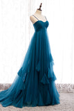 Blaue Plissee-Träger Rüschenschichten A-Linie Schwungvolles Maxi-Abendkleid Ball- und Abendkleider 