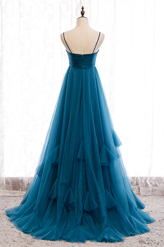 Blaue Plissee-Träger Rüschenschichten A-Linie Schwungvolles Maxi-Abendkleid Ball- und Abendkleider 