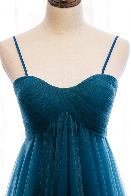 Blaue Plissee-Träger Rüschenschichten A-Linie Schwungvolles Maxi-Abendkleid Ball- und Abendkleider 