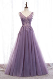 Lavender A-line V Neck Sleeveless Beaded Appliques Maxi Formal Dress Evening Prom Gowns