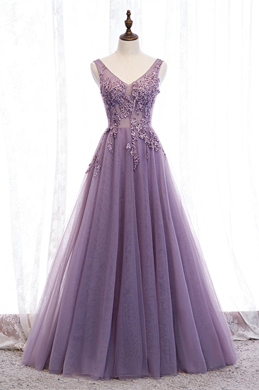 Lavendel A-Linie V-Ausschnitt Ärmellos Perlenapplikationen Maxi Abendkleid Ballkleid 