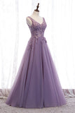 Lavender A-line V Neck Sleeveless Beaded Appliques Maxi Formal Dress Evening Prom Gowns