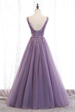 Lavender A-line V Neck Sleeveless Beaded Appliques Maxi Formal Dress Evening Prom Gowns