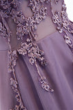 Lavender A-line V Neck Sleeveless Beaded Appliques Maxi Formal Dress Evening Prom Gowns