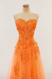 Orange trägerloses A-Linien-Abendkleid mit Applikationen, langes Ballkleid
