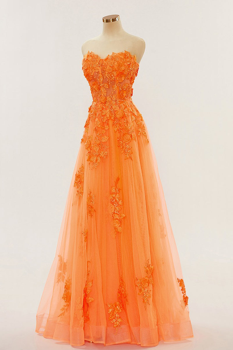 Orange trägerloses A-Linien-Abendkleid mit Applikationen, langes Ballkleid