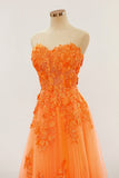 Orange trägerloses A-Linien-Abendkleid mit Applikationen, langes Ballkleid