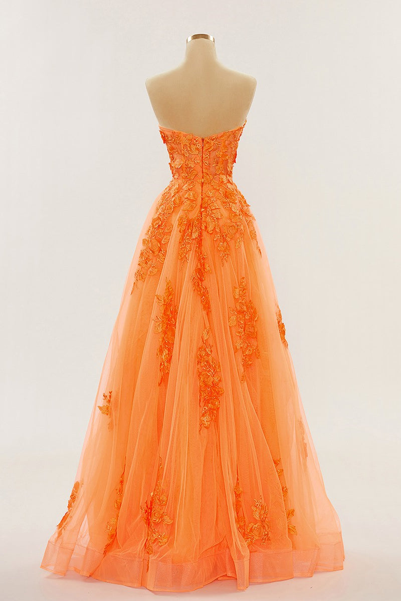 Orange trägerloses A-Linien-Abendkleid mit Applikationen, langes Ballkleid