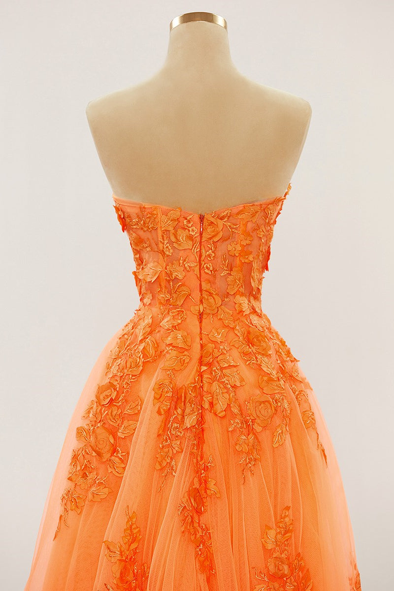 Orange trägerloses A-Linien-Abendkleid mit Applikationen, langes Ballkleid