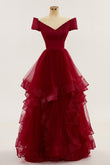 Wine Red Off-Shoulder Ruffle Layers Long Prom Party Dress Formal Evening Ball Gowns