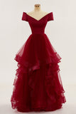 Wine Red Off-Shoulder Ruffle Layers Long Prom Party Dress Formal Evening Ball Gowns
