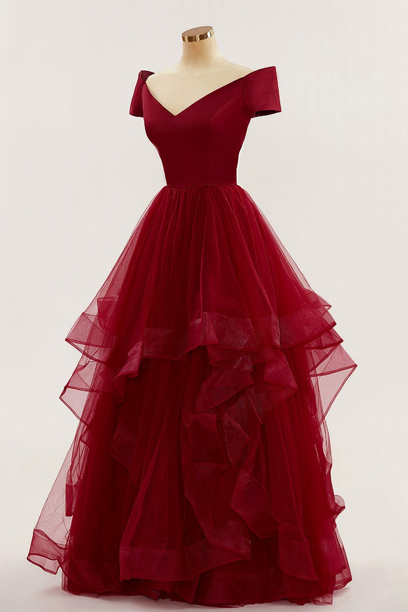 Wine Red Off-Shoulder Ruffle Layers Long Prom Party Dress Formal Evening Ball Gowns
