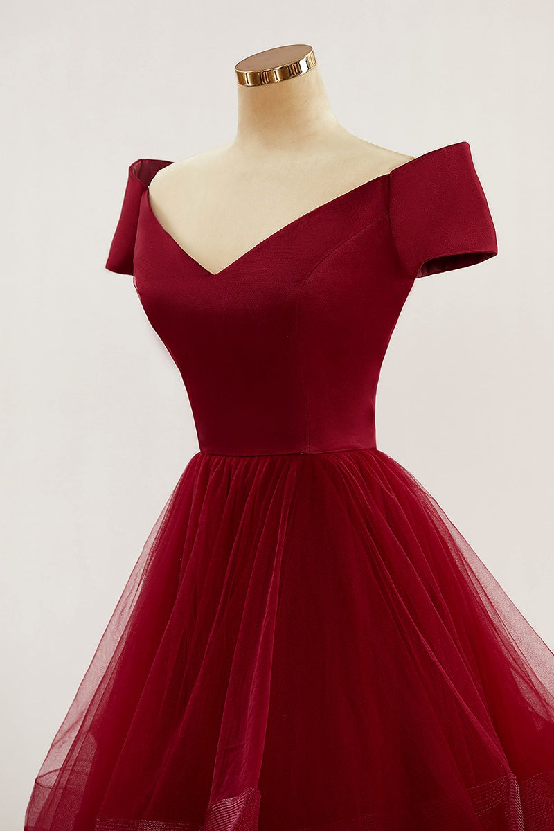 Wine Red Off-Shoulder Ruffle Layers Long Prom Party Dress Formal Evening Ball Gowns