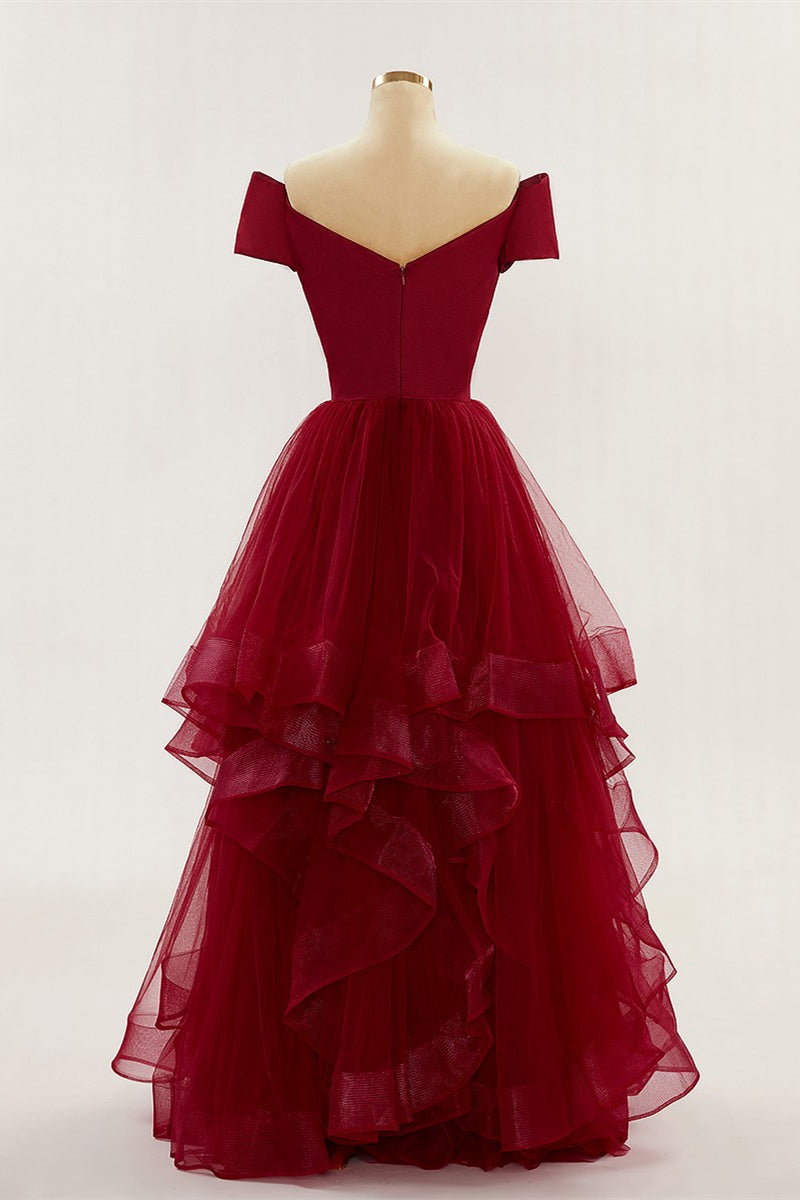 Wine Red Off-Shoulder Ruffle Layers Long Prom Party Dress Formal Evening Ball Gowns
