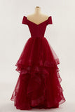 Wine Red Off-Shoulder Ruffle Layers Long Prom Party Dress Formal Evening Ball Gowns