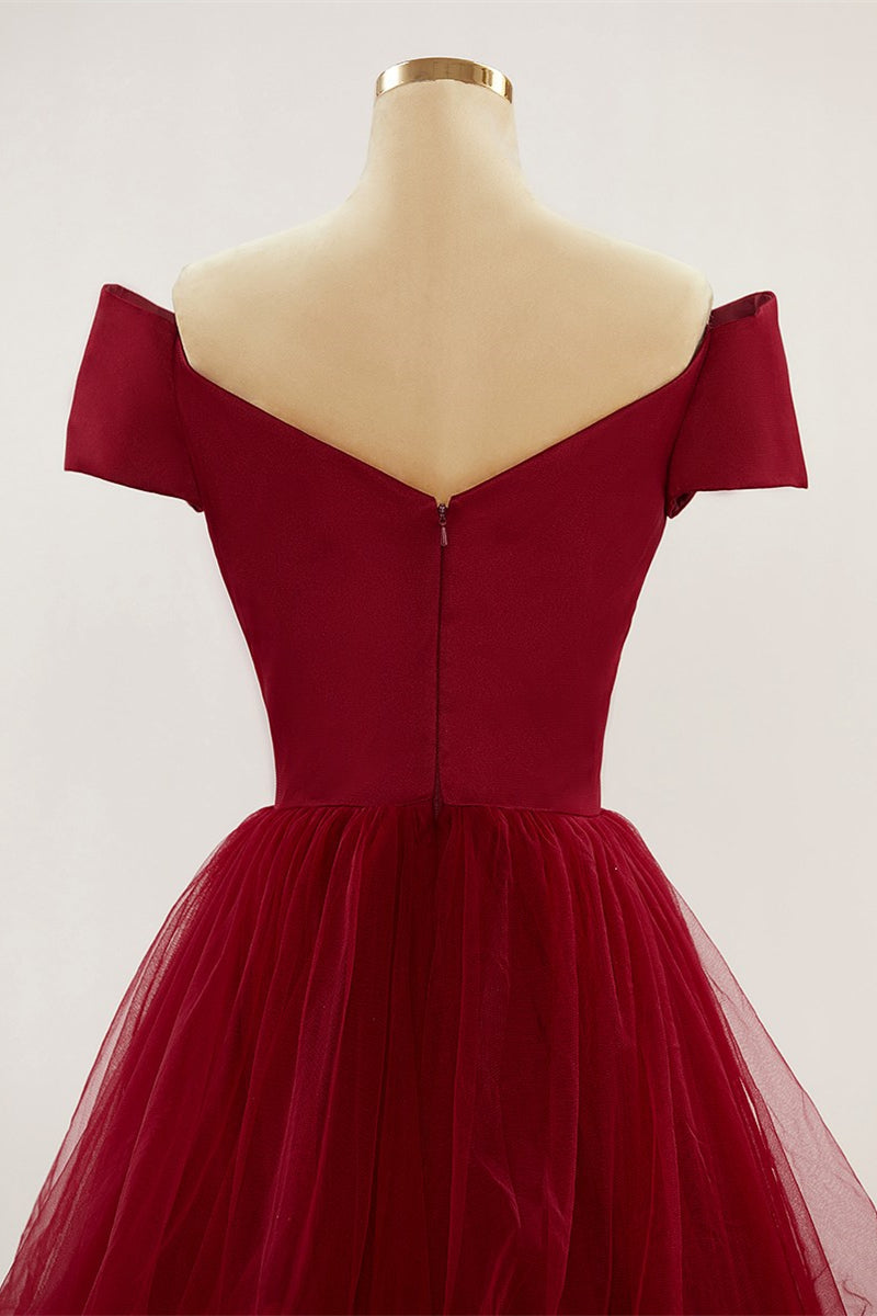 Wine Red Off-Shoulder Ruffle Layers Long Prom Party Dress Formal Evening Ball Gowns