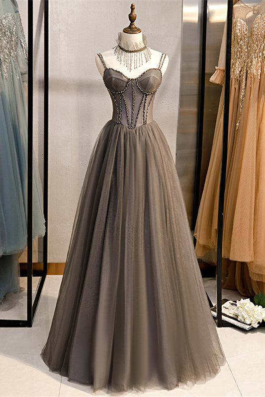 Grau Illusion Neck Perlen Rüschen Perlen Doppel Straps Maxi Formale Kleid Prom Abendkleider 