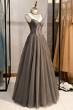 Grau Illusion Neck Perlen Rüschen Perlen Doppel Straps Maxi Formale Kleid Prom Abendkleider 