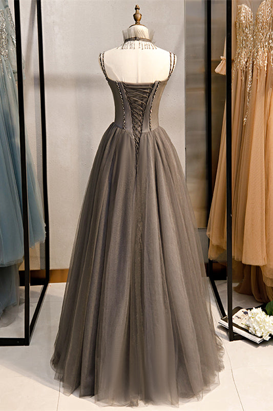 Grau Illusion Neck Perlen Rüschen Perlen Doppel Straps Maxi Formale Kleid Prom Abendkleider 