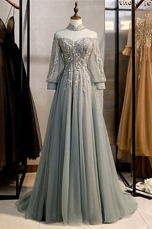 Graues A-Linien-Illusion-Hochhals-Langarm-Maxikleid mit Perlenbesatz, formelle Abendkleider 