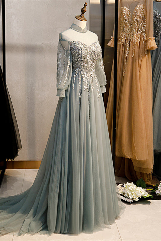 Graues A-Linien-Illusion-Hochhals-Langarm-Maxikleid mit Perlenbesatz, formelle Abendkleider 