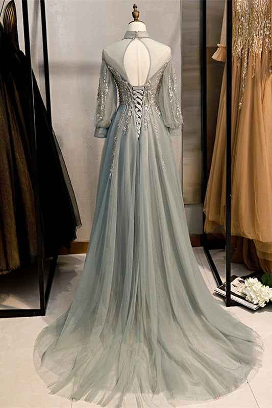 Graues A-Linien-Illusion-Hochhals-Langarm-Maxikleid mit Perlenbesatz, formelle Abendkleider 