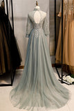 Graues A-Linien-Illusion-Hochhals-Langarm-Maxikleid mit Perlenbesatz, formelle Abendkleider 