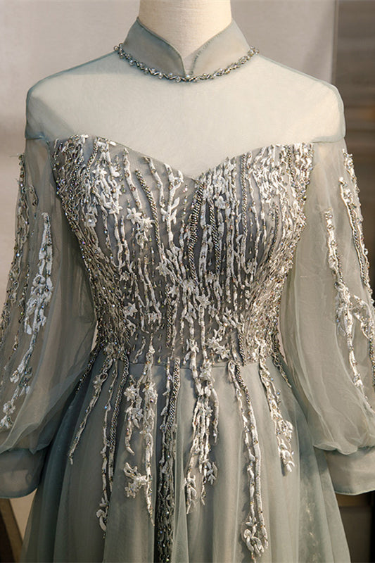 Graues A-Linien-Illusion-Hochhals-Langarm-Maxikleid mit Perlenbesatz, formelle Abendkleider 
