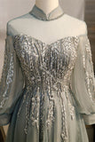 Graues A-Linien-Illusion-Hochhals-Langarm-Maxikleid mit Perlenbesatz, formelle Abendkleider 