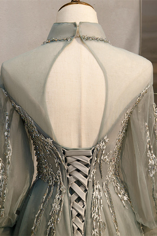 Graues A-Linien-Illusion-Hochhals-Langarm-Maxikleid mit Perlenbesatz, formelle Abendkleider 
