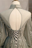 Graues A-Linien-Illusion-Hochhals-Langarm-Maxikleid mit Perlenbesatz, formelle Abendkleider 