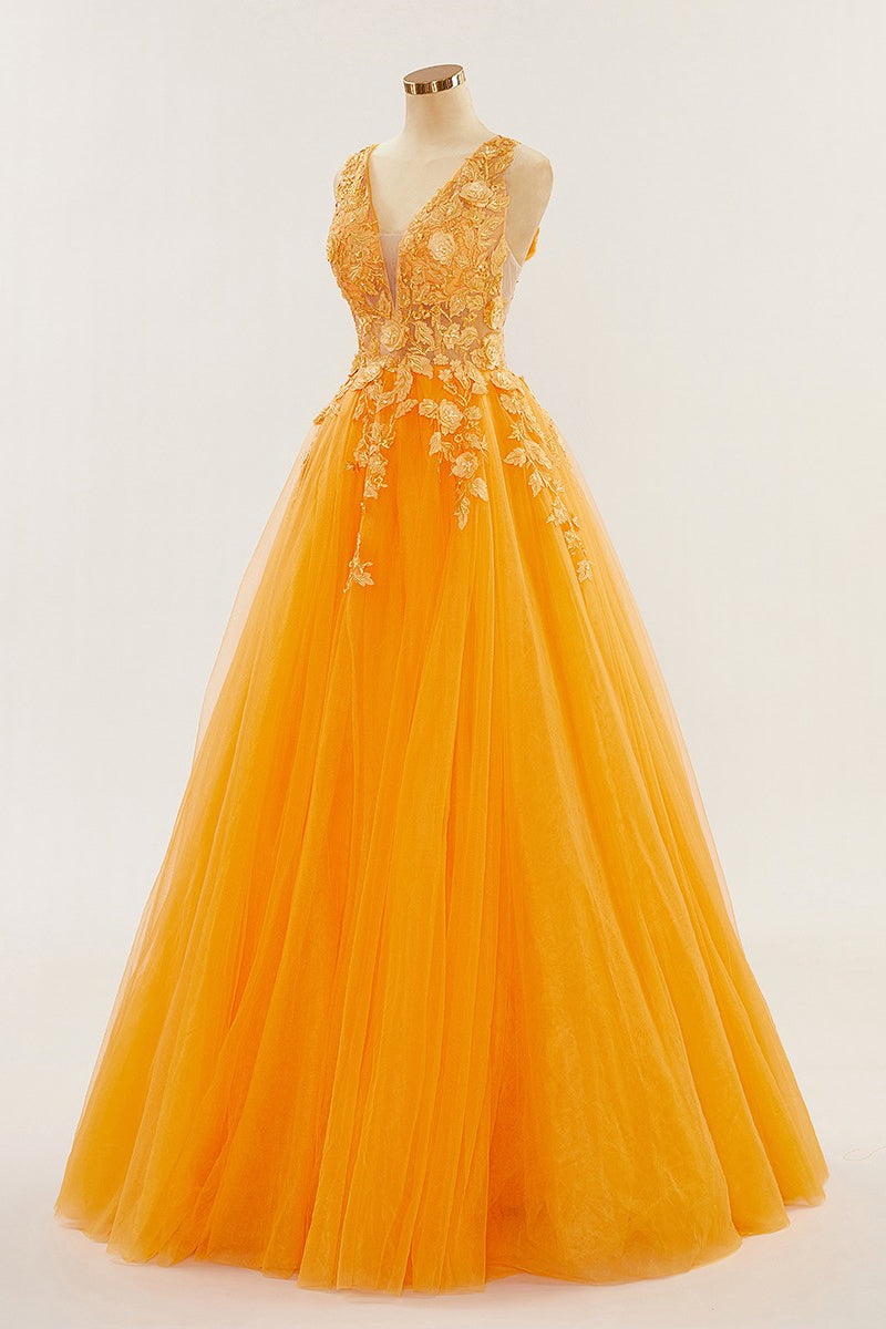 Orange Tiefer V-Ausschnitt Applikationen A-Linie Langes Ballkleid Abendkleid