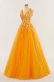 Orange Tiefer V-Ausschnitt Applikationen A-Linie Langes Ballkleid Abendkleid