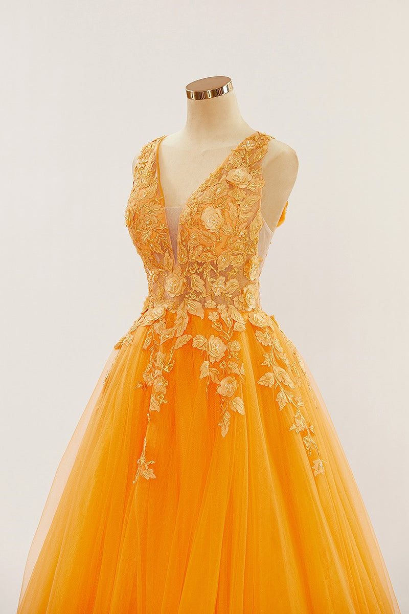 Orange Tiefer V-Ausschnitt Applikationen A-Linie Langes Ballkleid Abendkleid